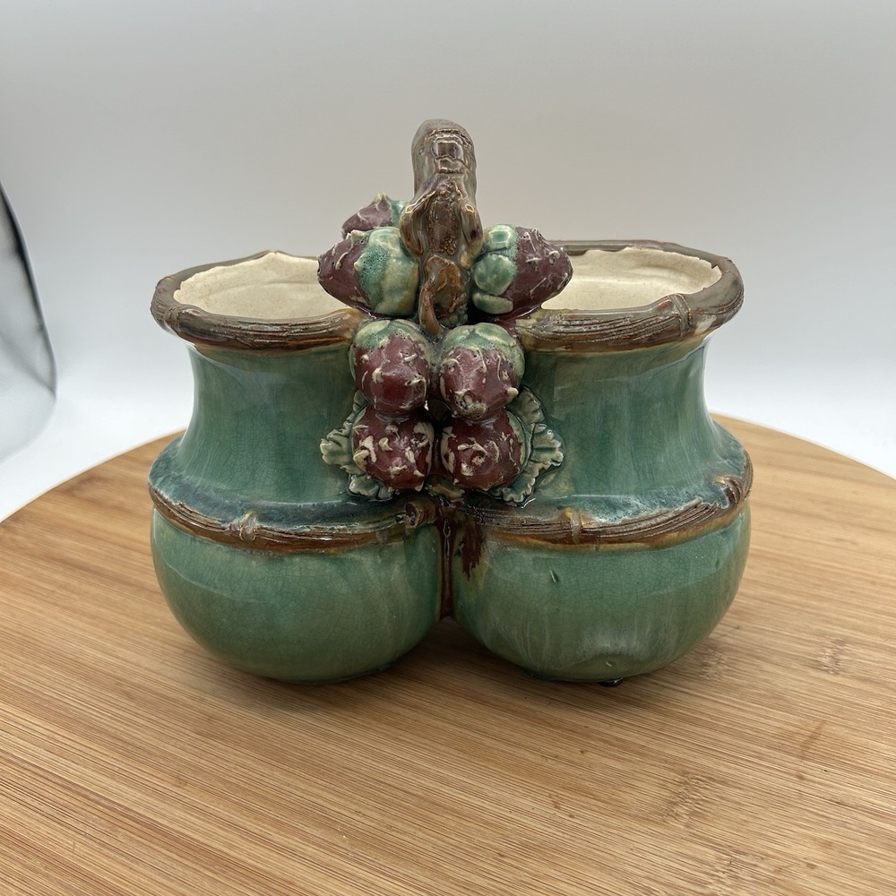 8"x5" Vintage Signed Mojolica Double Vase with Applied Strawberries Teal Glaze m